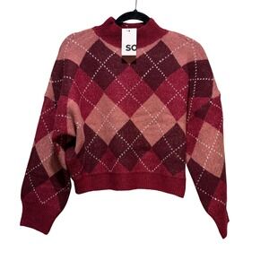 SO Juniors Mock Neck Argyle Sweater Burgundy Pink Cozy Knit Top XS Cropped Boxy